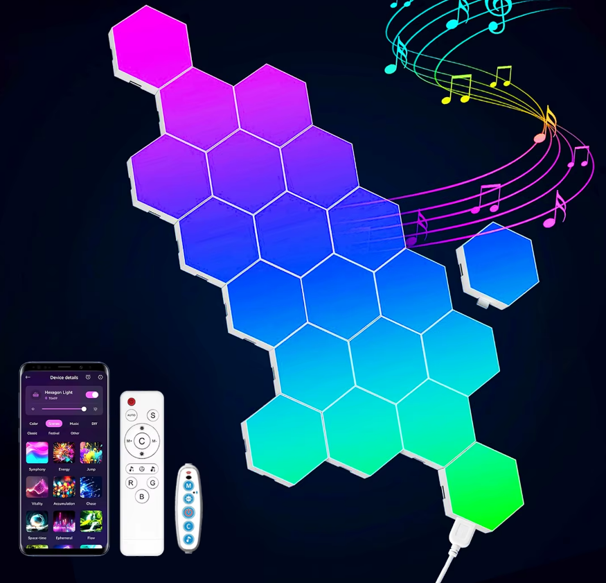 Hexagonal LED light panels with smartphone app and remote control on a dark background