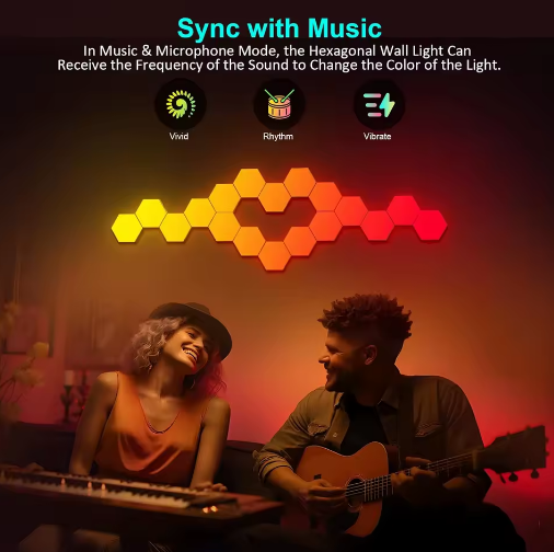 Hexagonal wall light synced with music, glowing in a dark room with two people playing instruments.