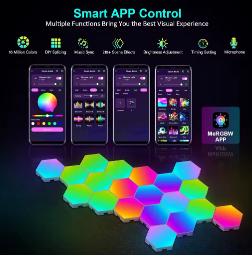 Smart APP control system with hexagonal LED lights on a dark background
