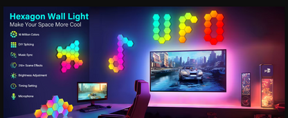 Hexagon wall light displaying colorful patterns in a room with electronic devices.