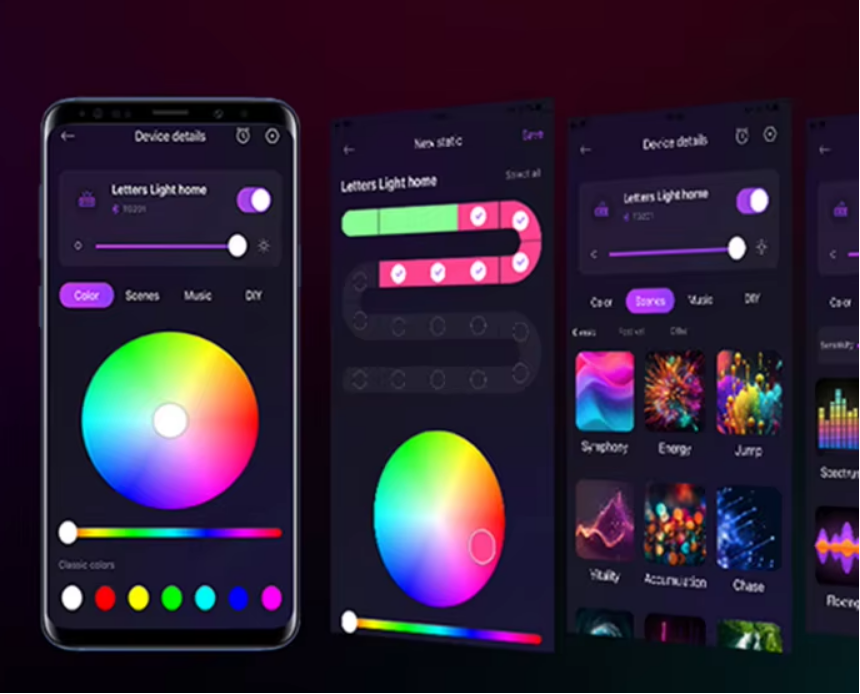 Smart app interface for Bluetooth lights with color wheel and app store download information.