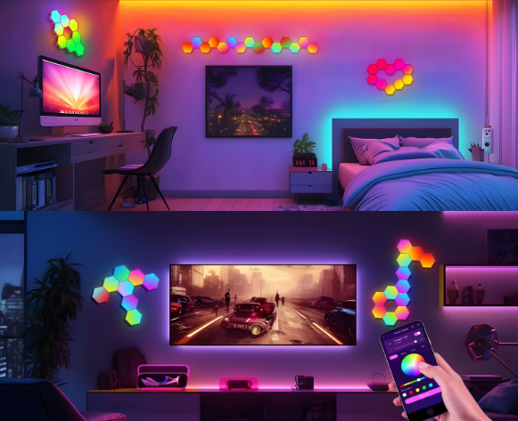 Modern bedroom with colorful LED lights and a smartphone controlling the lighting.