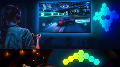Person playing a racing game on a TV with colorful LED lights in the background