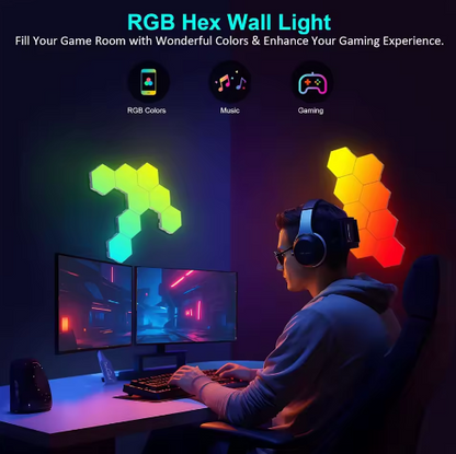 Person playing video games with RGB hex wall lights in a dark room