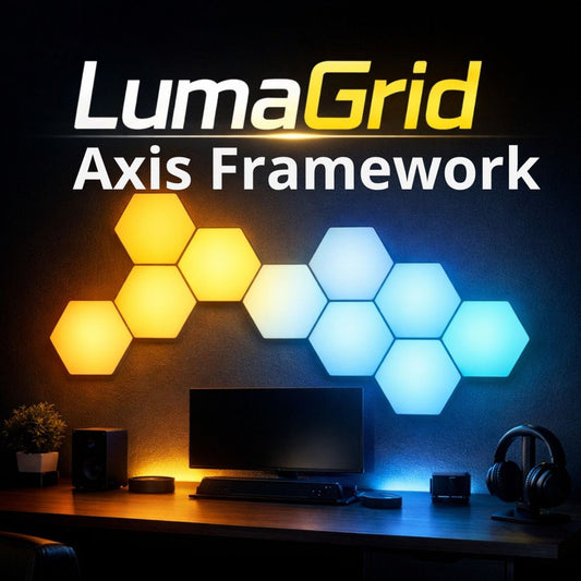 Hexagonal light panels on a wall with LumaGrid branding above.