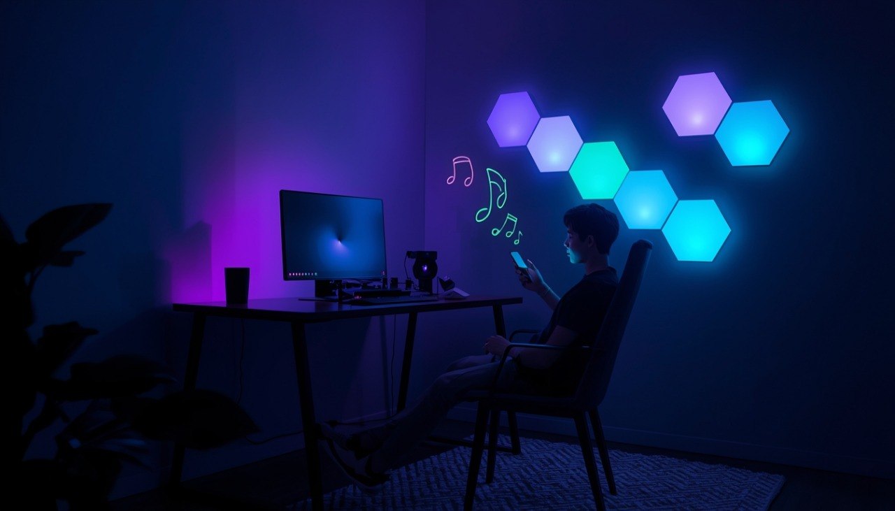 Person sitting at a desk with hexagonal LED lights on the wall in a dark room.