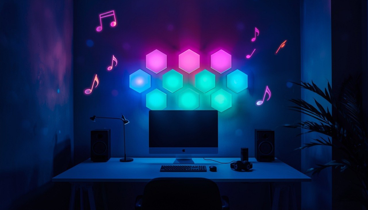 Modern office setup with hexagonal LED lights and music notes in a dark room