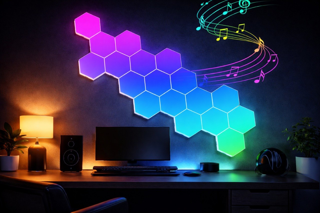 Colorful LED hexagonal panels on a wall above a desk with a computer setup.