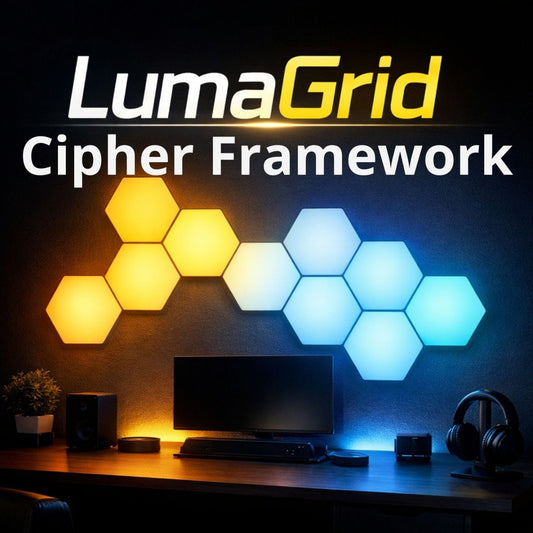 Hexagonal light panels displaying yellow and blue lights on a dark wall with 'LumaGrid Cipher Framework' branding.