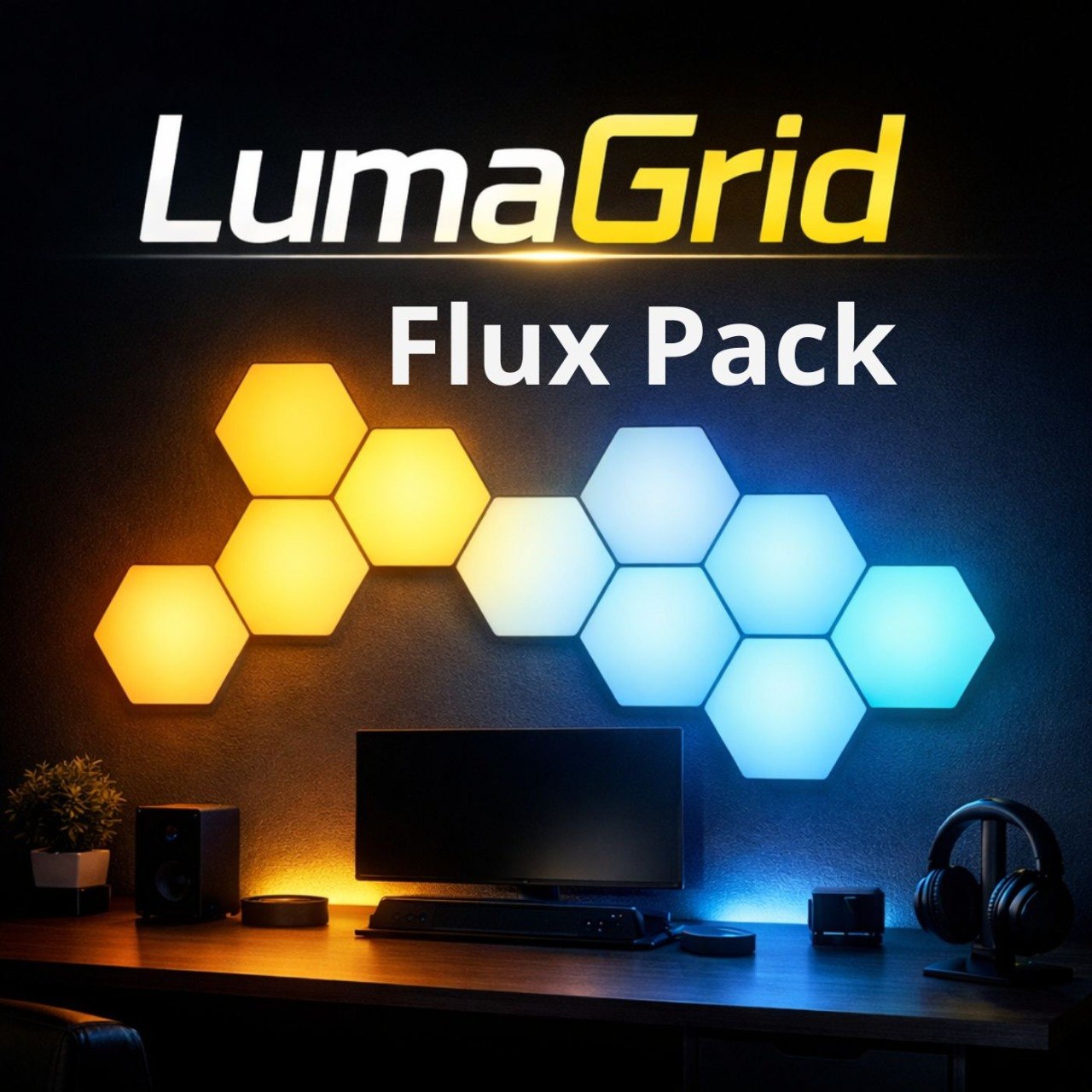 LumaGrid Flux Pack lights on a wall above a desk with computer equipment.