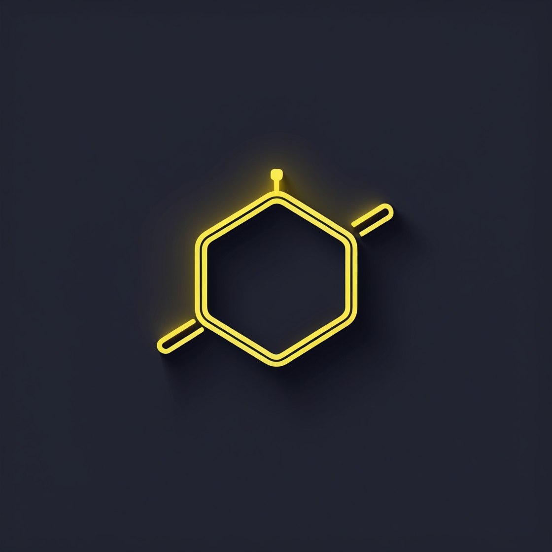 Neon yellow molecular structure icon on a black background