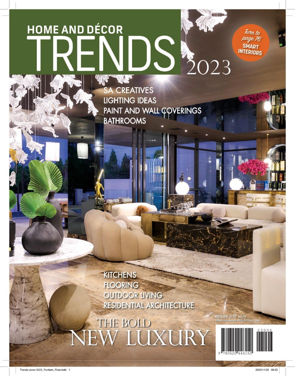 Magazine cover titled 'Home and Decor Trends 2023' featuring a modern living room.