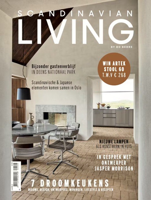 Magazine cover titled 'Scandinavian Living' featuring a modern kitchen and dining area.