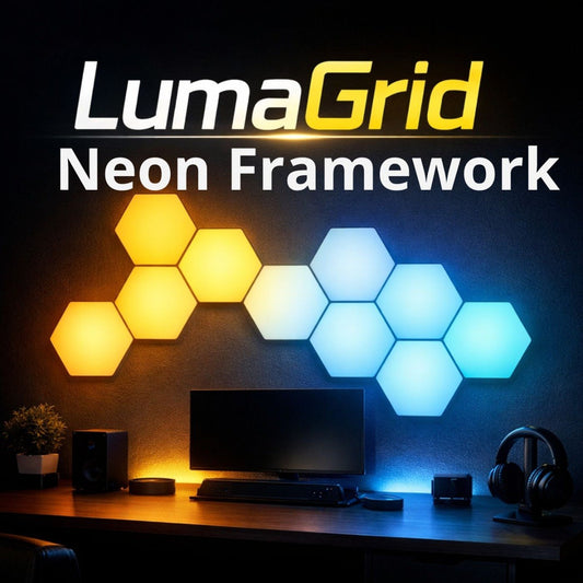 LumaGrid Neon Framework lights on a wall above a desk with computer equipment.