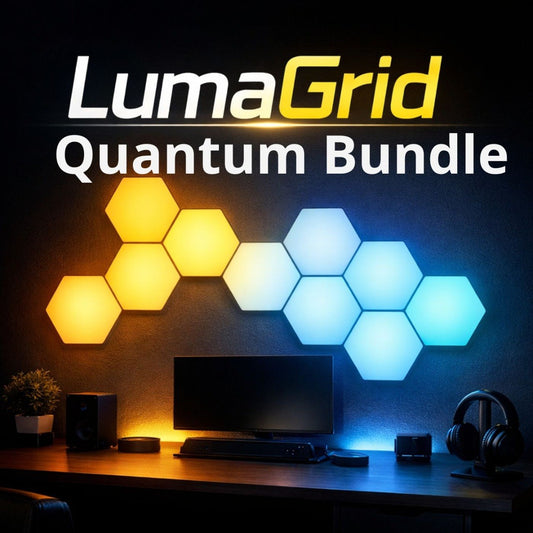 LumaGrid Quantum Bundle lights on a wall above a desk with computer equipment.