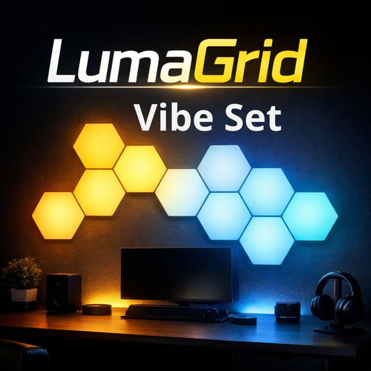 LumaGrid Vibe Set of hexagonal lights on a dark wall above a desk with computer equipment.